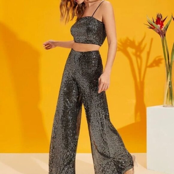 Wide Leg Pants with matching crop top Silver - Picture 1 of 10